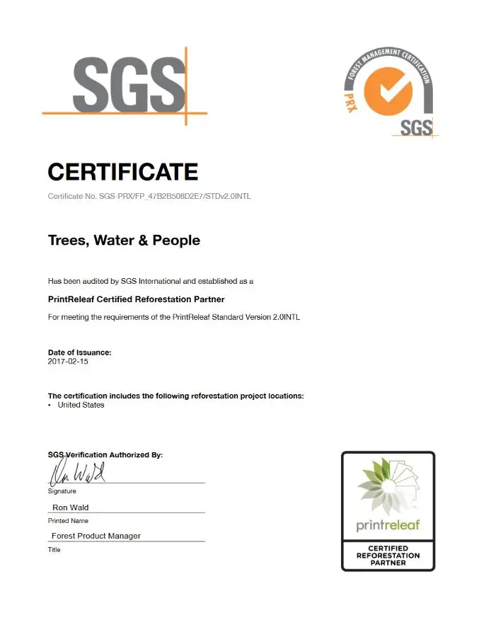 SGS Certificate, PrintReleaf, (Dealership Name)