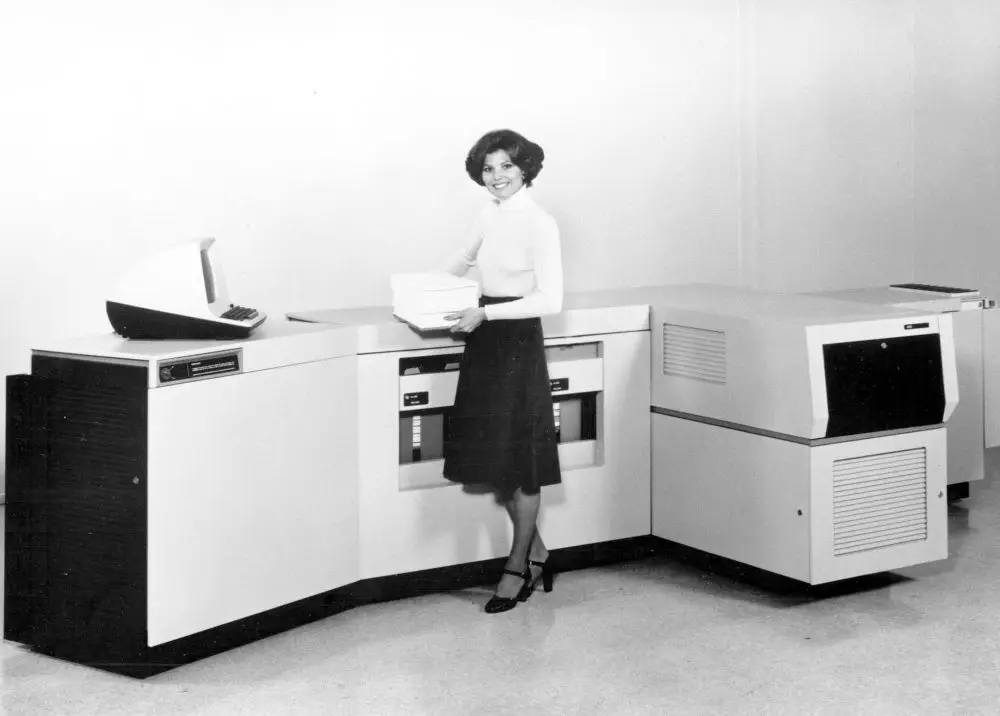 Xerox, copier, woman making copies, 1970s (Dealership Name)
